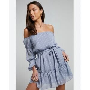 Showpo Blue Polka Dot Off Shoulder Party Life Mini Dress Size 8 Belted EUC